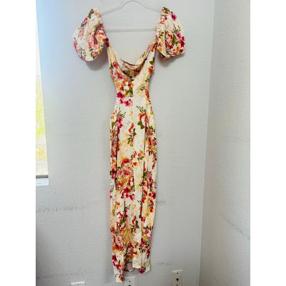 La Porte Detachable Sleeve Side Cutout Linen Floral Maxi Dress Peach Size Small - Picture 3 of 7